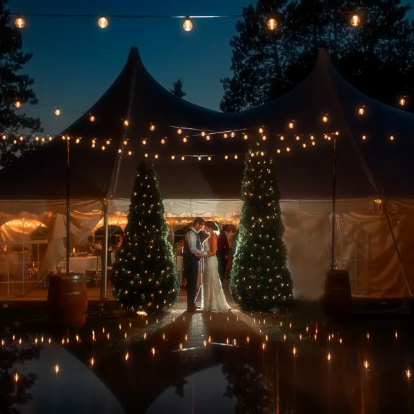 Couple at wedding lights all around