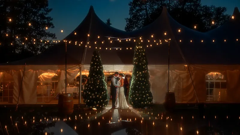 Couple at wedding lights all around
