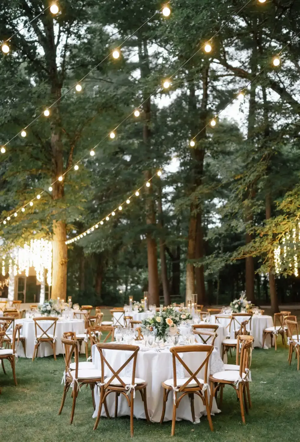 Outdoor dining wedding lighting